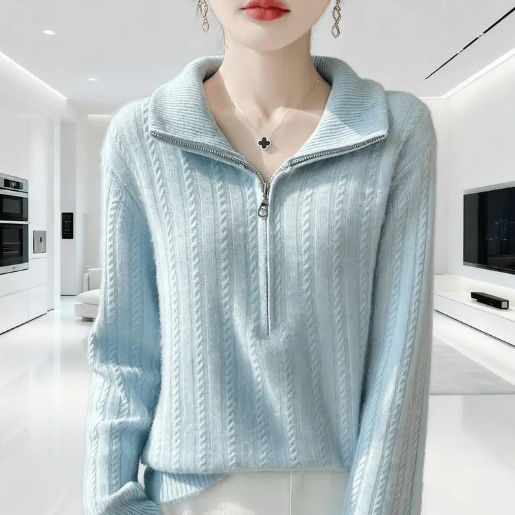 鄂尔多斯市羊绒衫女款半拉链半高领时尚减龄厚款时尚针织羊毛衫女