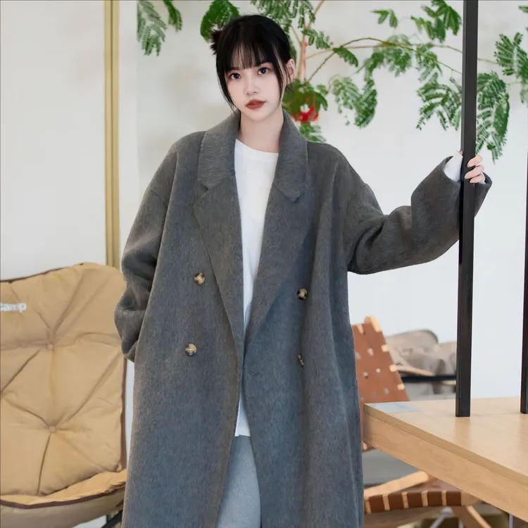 韩系休闲长毛双面羊绒大衣毛呢外套茧型慵懒风澳洲羊毛大衣女1