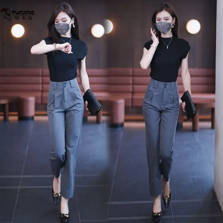 气质套装女短袖夏季2022年新款修身职业洋气九分西裤两件套