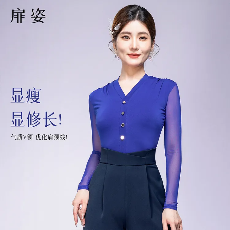 扉姿 透气长袖摩登舞服女连体衣练功服交谊舞拉丁舞显瘦上衣F1316