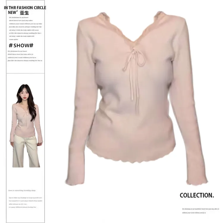 大码胖妹妹纯欲风蕾丝V领系带长袖针织衫女秋冬修身内搭打底上衣