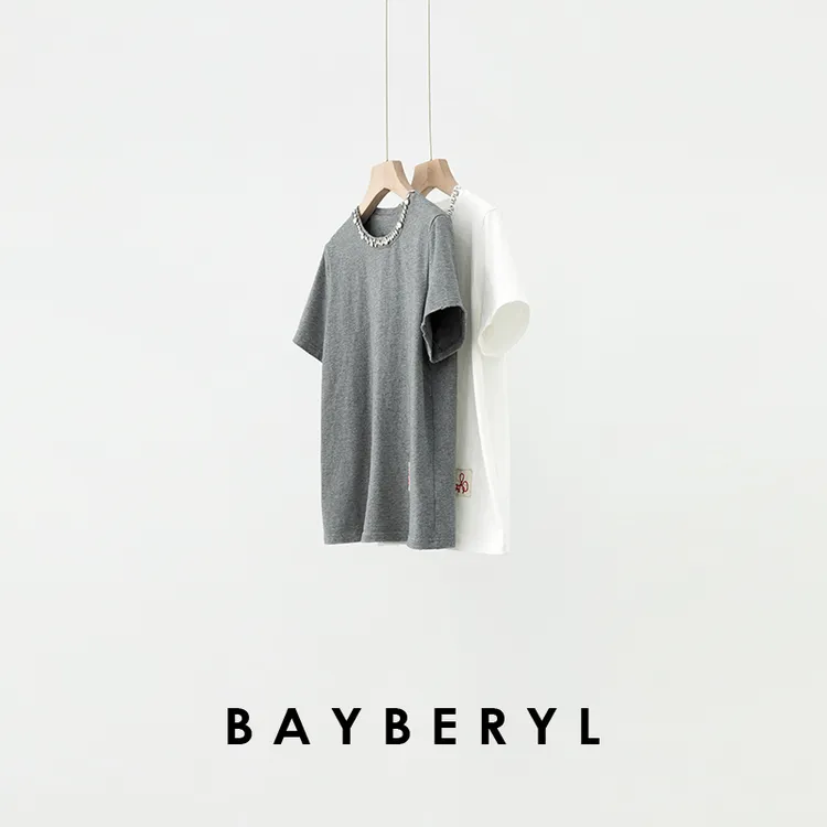BAYBERYL老贝亮钻T*圆领磨边百搭贴布时髦短袖春T恤NT5C2428-3/25