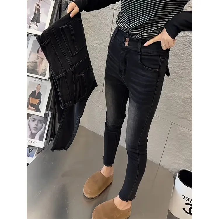 加绒加厚款秋冬新款保暖小脚牛仔裤子女2025小个子大码修身铅笔裤