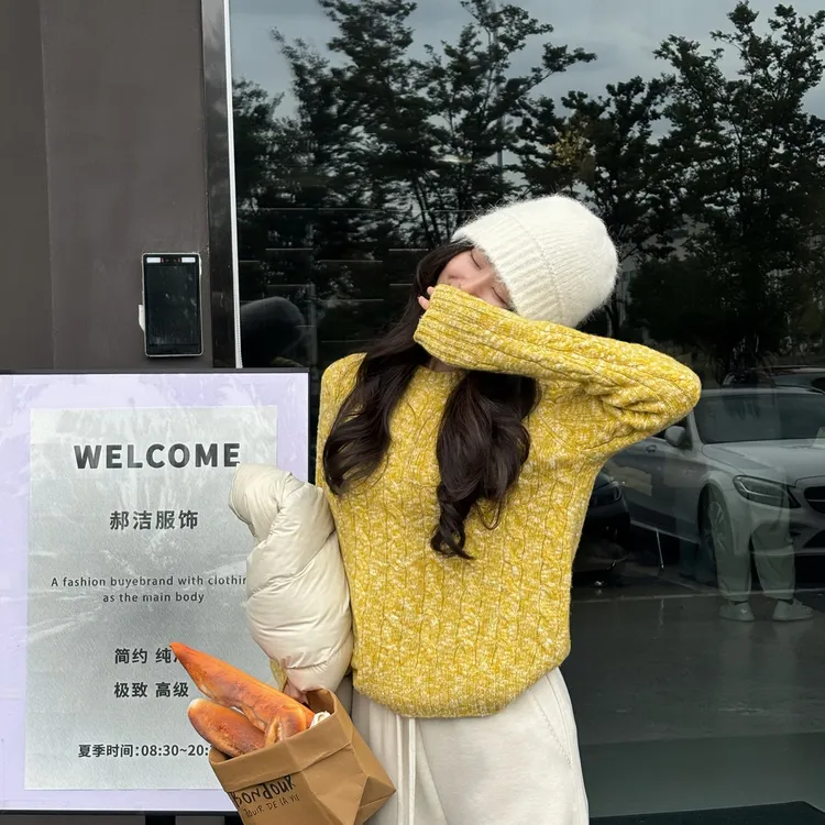 【郝洁】“冬日暖阳”时尚慵懒感减龄显瘦圆领绞花羊毛套头毛衣9348