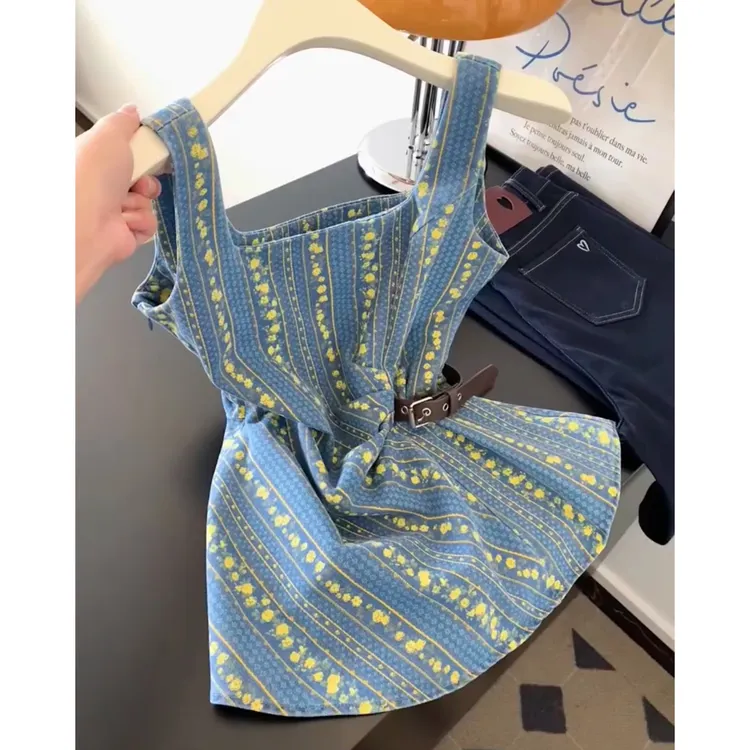 韩系蓝色碎花掐腰显瘦吊带背心女夏季2025新款甜酷少女复古上衣