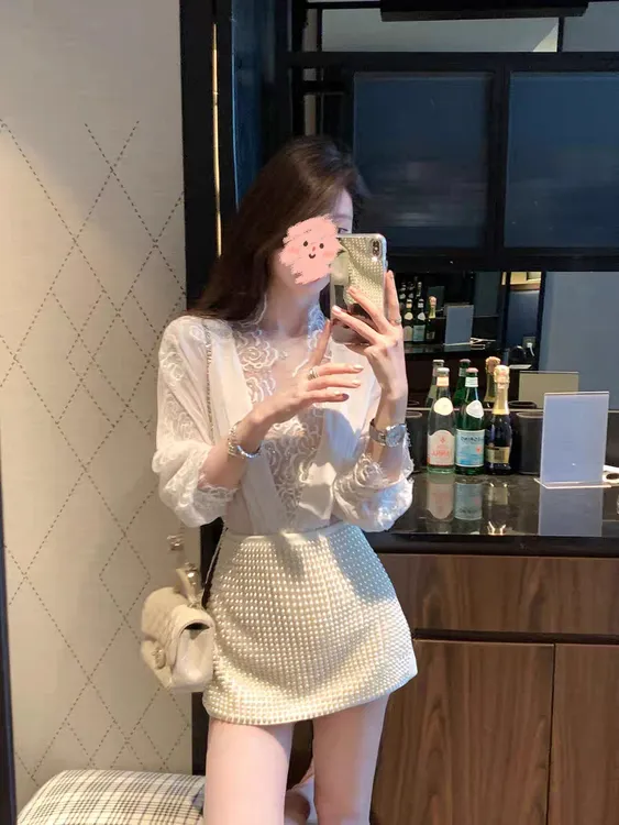 【高智韩女】2025新款蕾丝衬衫性感上衣高腰珍珠裙短裙女