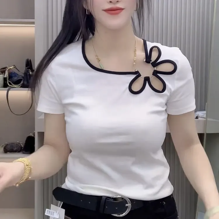 新款时尚气质女装圆领重工花朵洋气修身显瘦短袖T恤