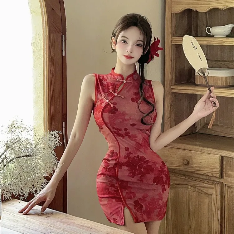 国风新中式复古改良旗袍无袖连衣裙气质显瘦小个子开叉包臀裙女夏