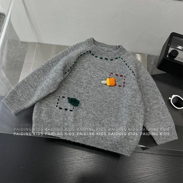 冬装儿童韩版时尚洋气撞色虚线立体玩偶休闲保暖毛衣SJ7008-DD1