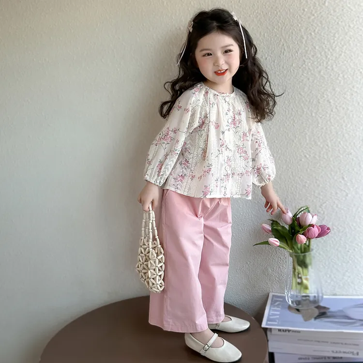 女童春夏薄款套装2025儿童碎花衬衫韩系宝宝早秋阔腿裤甜美两件套