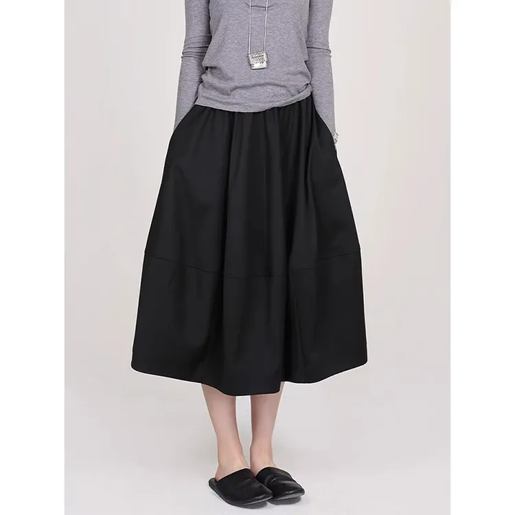 耶古赫本风黑色毛呢半身裙女秋冬季新款显瘦高腰捏褶中长款花苞裙