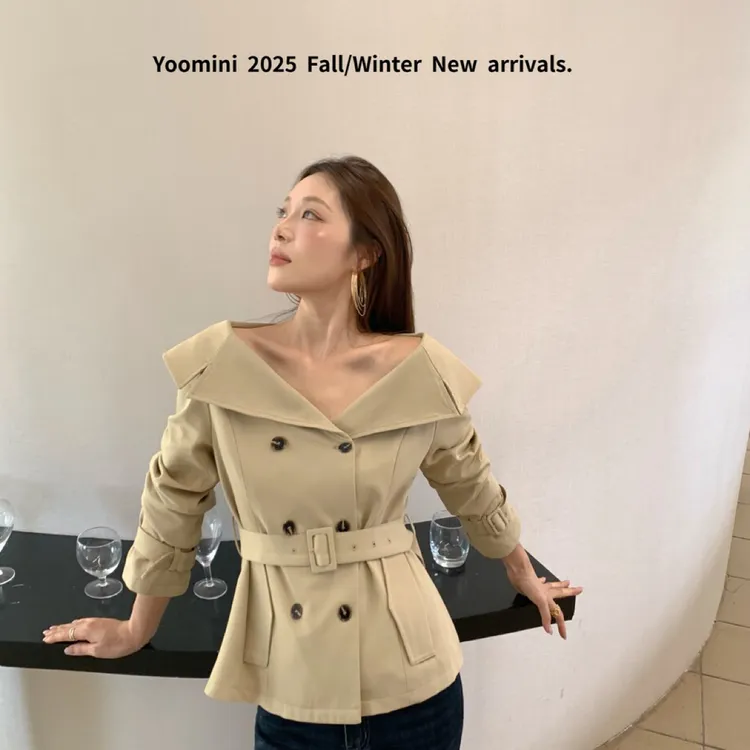 【YOOMINI】10888翻领一字双生束腰H型优雅短款外套（配腰带)  