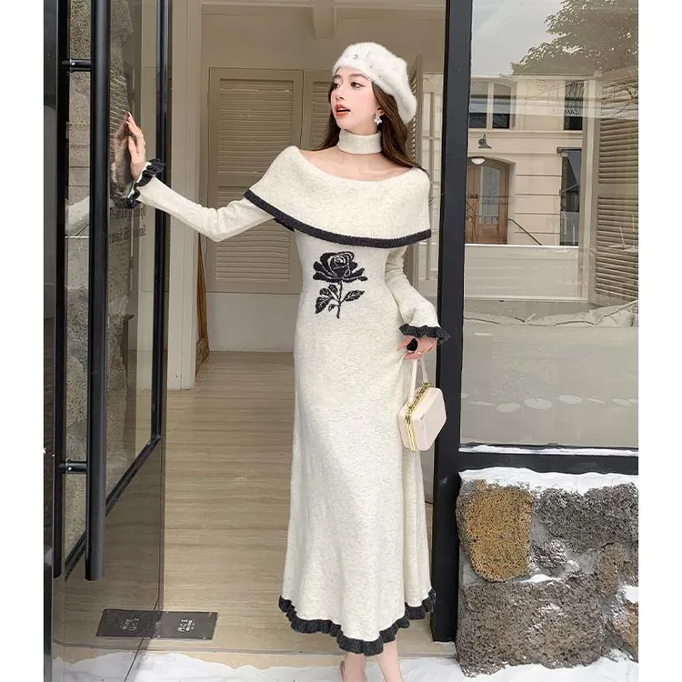 韩系氛围感围脖羊毛针织洋装女秋冬高级感纯欲一字肩针织鱼尾裙