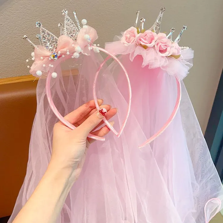 女童公主裙头纱宝宝皇冠发饰演出高端婚纱发卡小女孩头饰儿童发箍