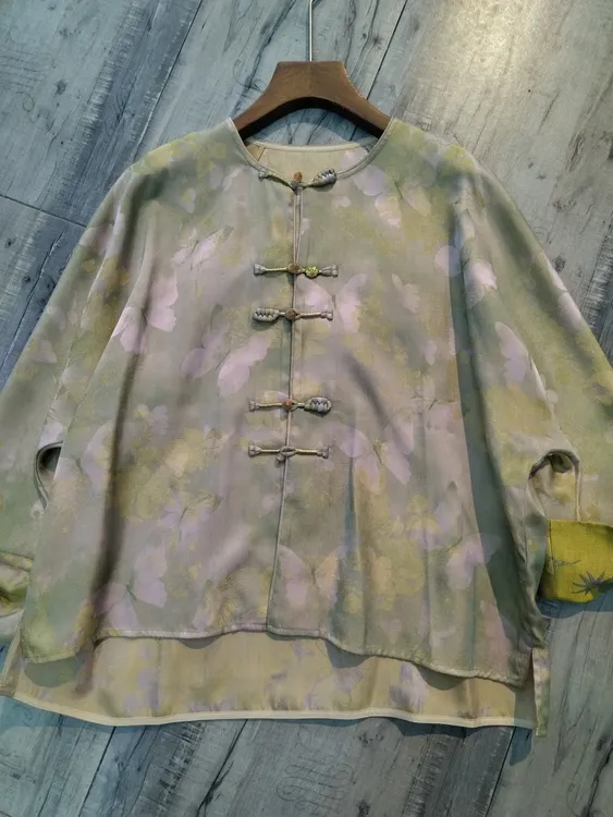 新中式双面常规款唐装圆领长袖植物花卉夏季女短外套