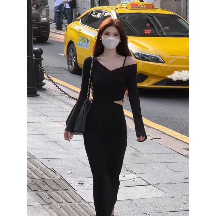 法式复古镂空露腰打底显瘦女秋冬内搭垂坠感长裙辣妹修身包臀裙