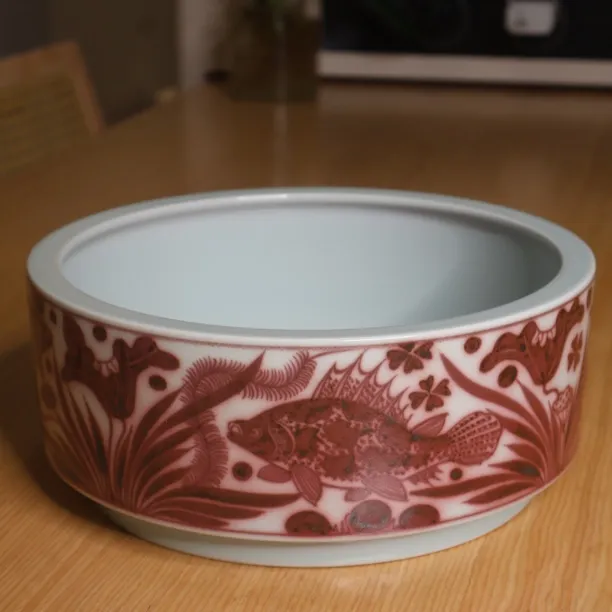 釉里红鱼藻纹大水洗茶海内外满绘艺术品