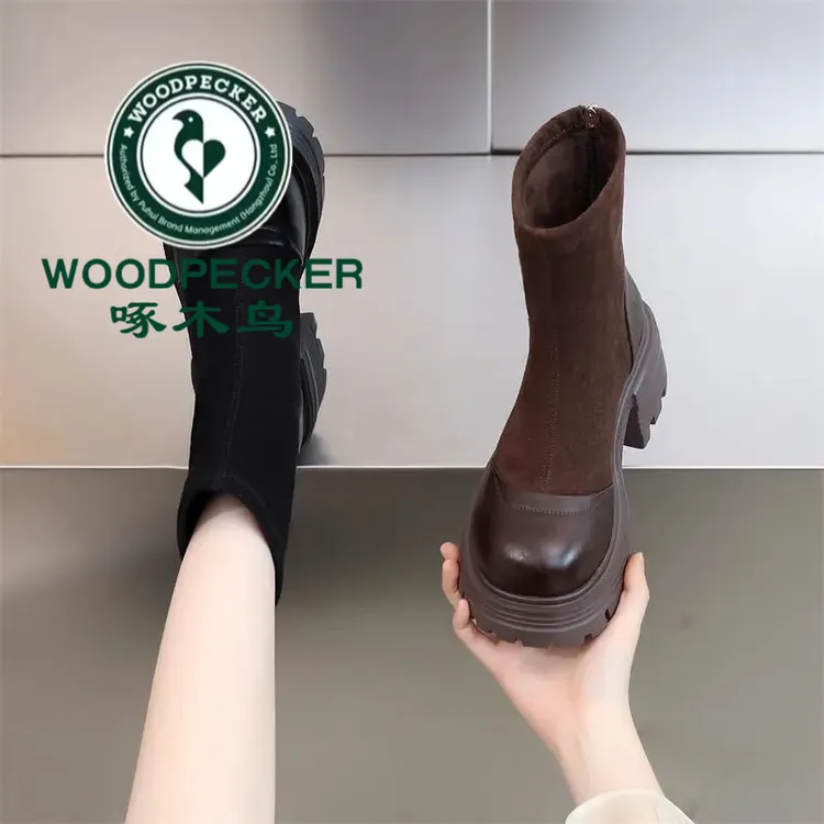 啄木鸟厚底复古马丁靴女2025新款冬季英伦风增高单靴显瘦粗跟短靴