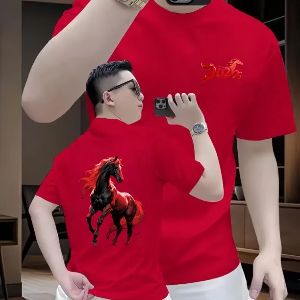 马年爆款纯棉骏马印花短袖T恤男士本命年红色高级感体恤上衣