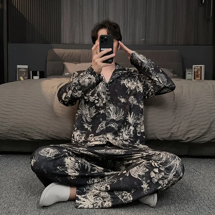 高级感轻奢男士德绒睡衣冬季加绒保暖羊绒蚕丝春秋款家居服可外穿