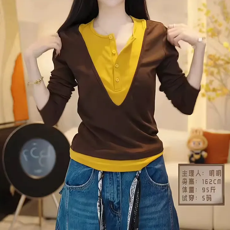 高级感拼接假两件长袖T恤秋冬新款胖MM大码女装显瘦休闲打底上衣