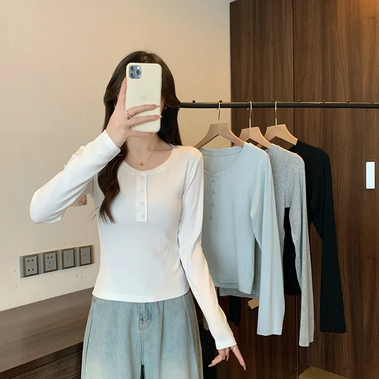 2025秋装新款胖mm大码女百搭修身短款长袖打底T恤上衣33519