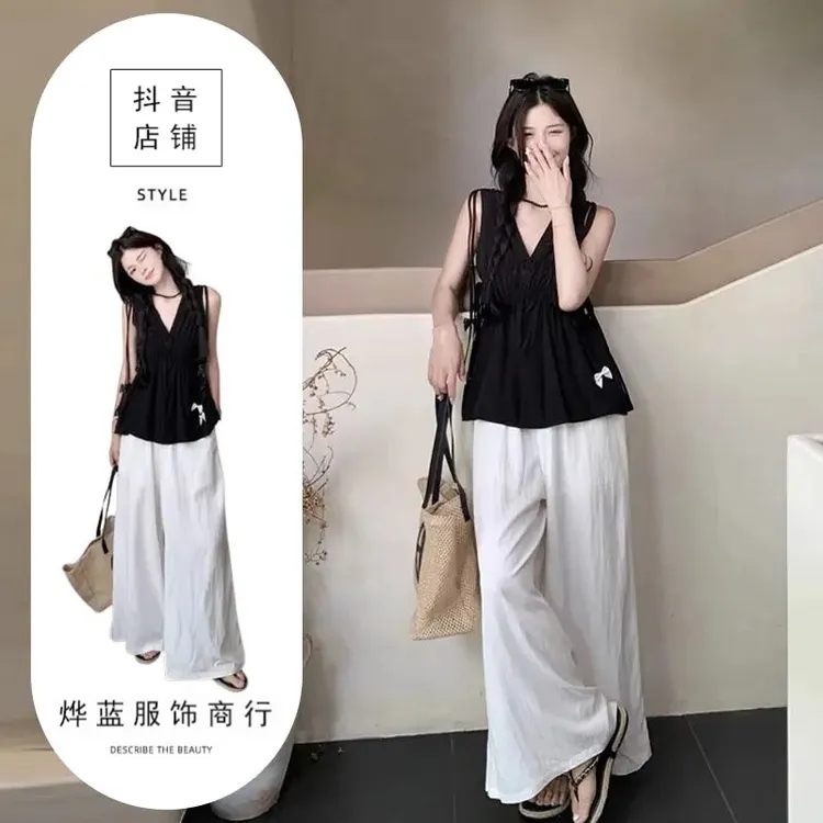 冷淡系独特别致套装蝴蝶结黑色无袖吊带背心衬衫上衣休闲裤两件套