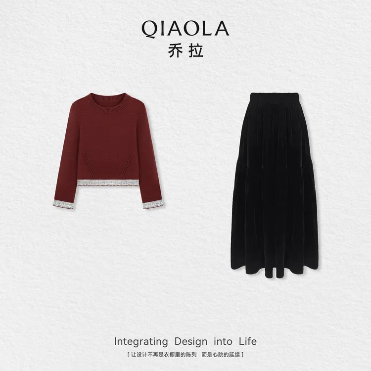 QIAOLA/乔拉【酒醉今宵】秋季羊毛圆领撞色设计时尚上衣半裙