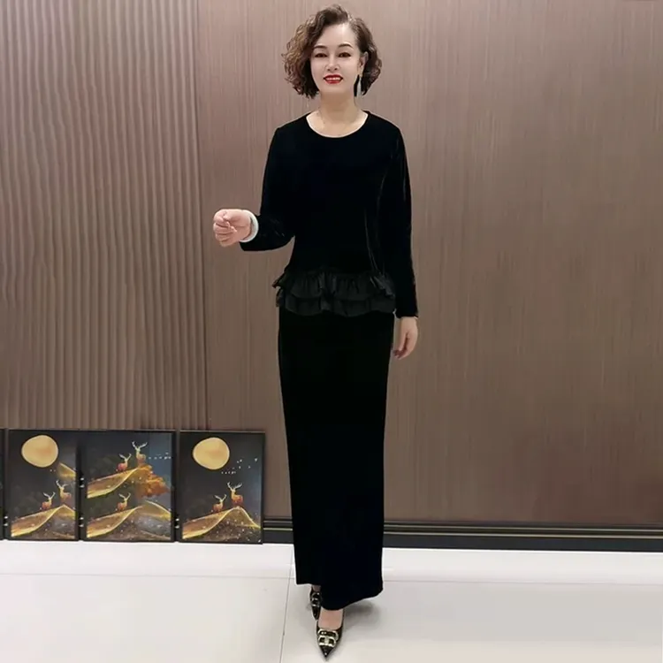 2563秋冬新款中老年丝绒拼接大码宽松遮肉妈妈弹力上衣阔腿裤套装