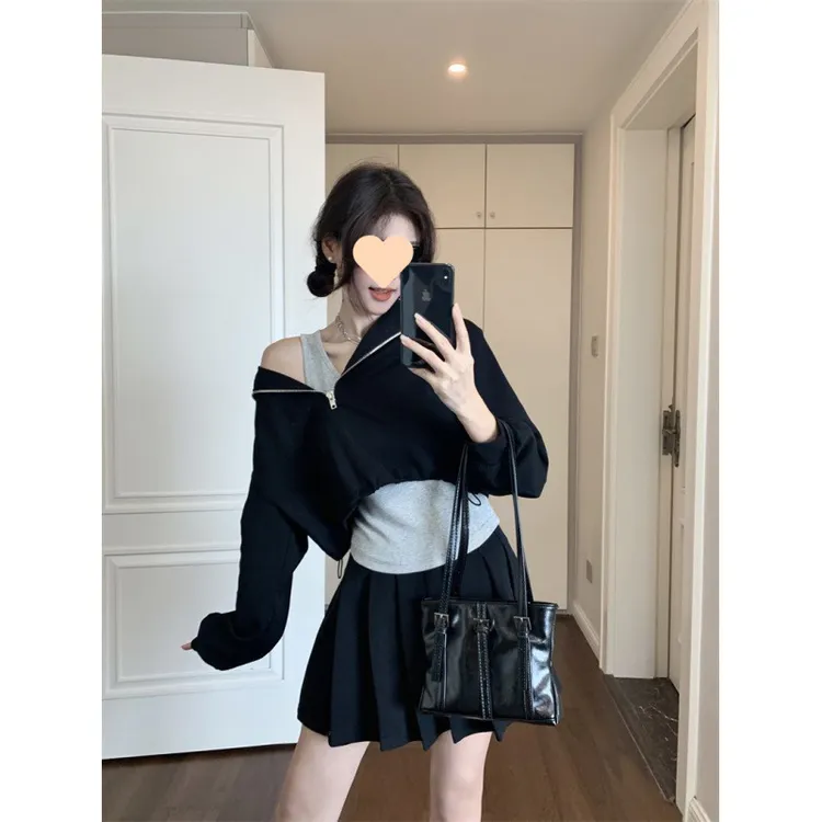 2024早秋辣妹短款拉链卫衣女内搭吊带小背心早秋百褶半身裙三件套