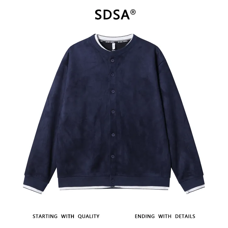 SDSA秋冬新款痞帅男装休闲简约拼接撞色纽扣开衫假两件卫衣百搭