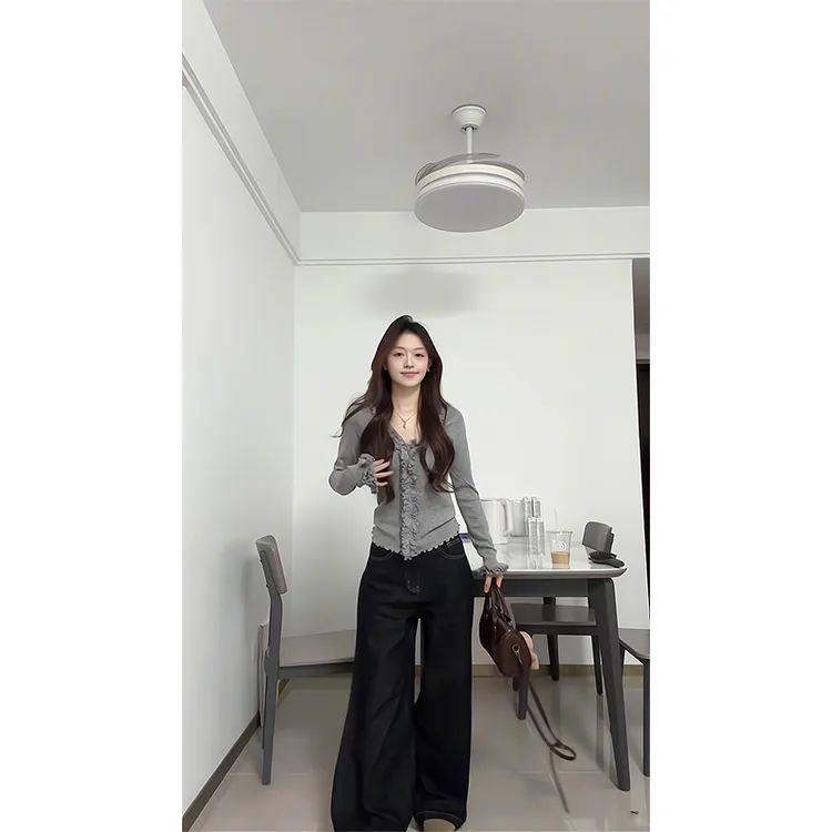 2025新款女秋季纯欲风辣妹方领蕾丝修身显瘦长袖针织衫上衣阔腿裤