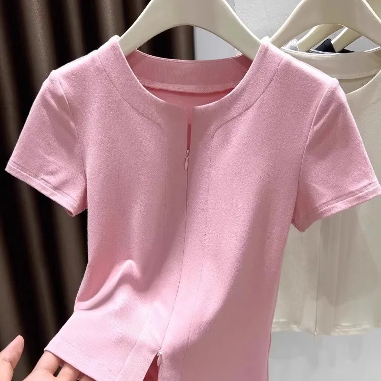 粉色甜美多巴胺冰丝针织短袖T恤女夏2025新款拉链开叉打底衫上衣