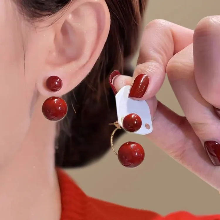 红色精致一款两戴仿珍珠耳环925银针轻奢小众百搭高级感耳饰4714