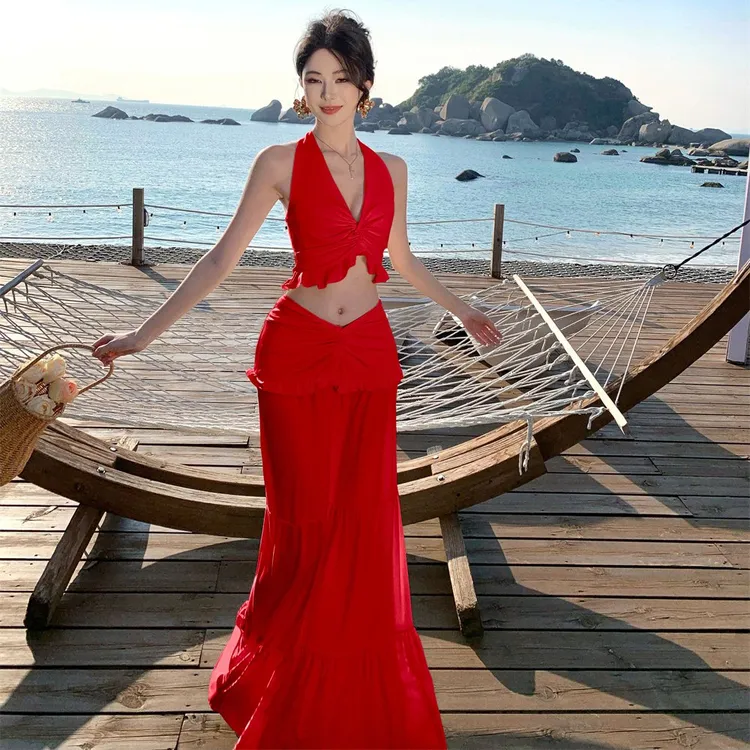 度假风纽结挂脖绑带上衣V型半身长裙两件套2025夏季新款辣妹套装