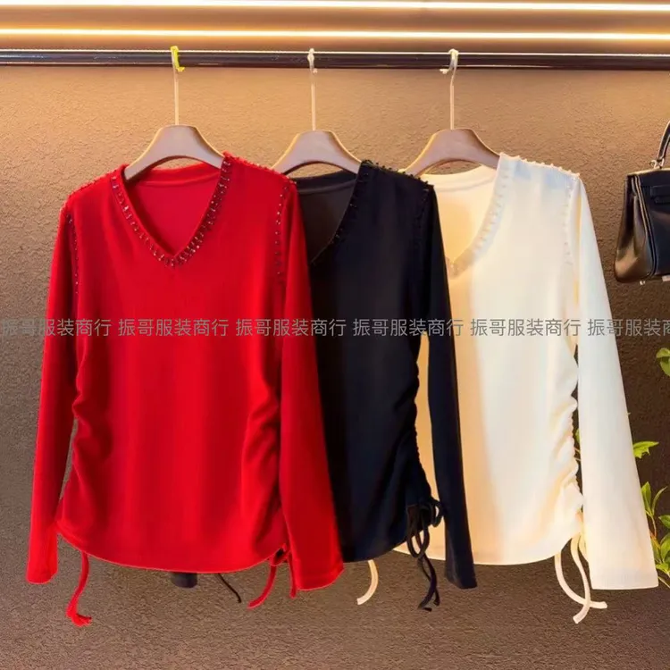 新款大码v领重工显瘦抽绳设计款洋气百搭小衫/6610