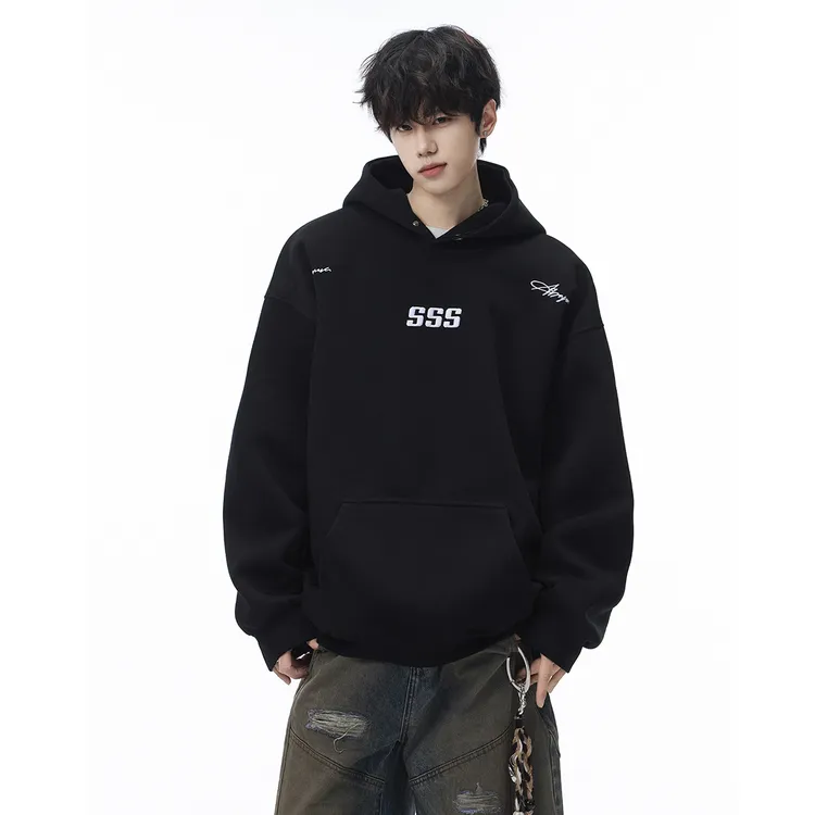 美式重磅字母刺绣连帽卫衣男生潮牌秋季宽松运动百搭硬挺帽衫外套