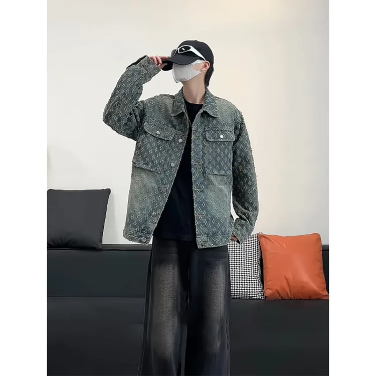 高级感提花牛仔夹克男2025春季新款美式复古休闲外套做旧水洗翻领