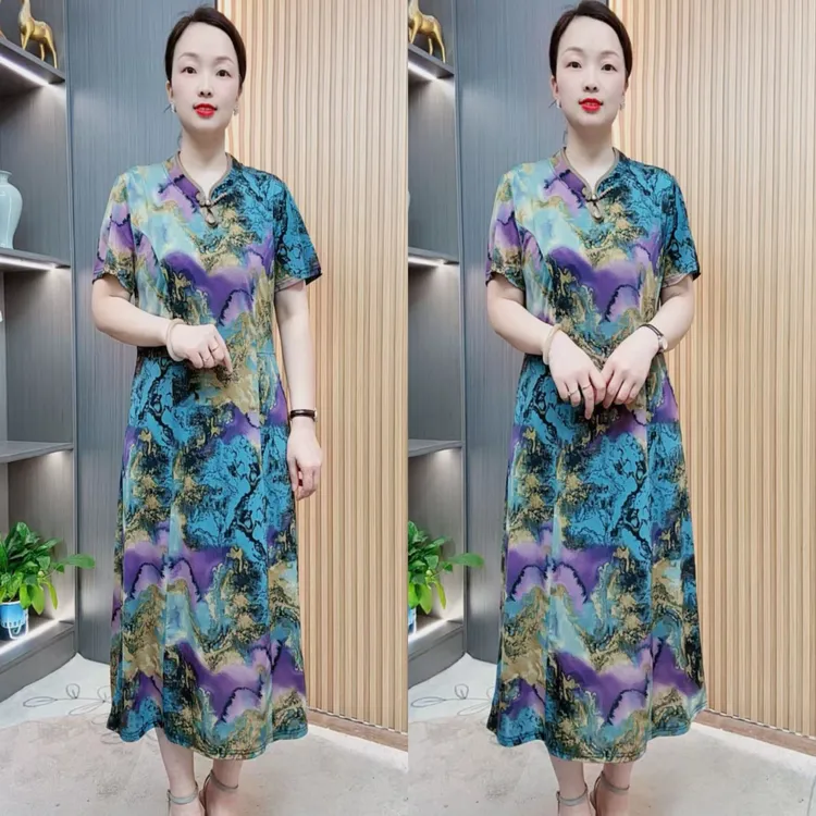 夏季新款妈妈装改良旗袍连衣裙中长款优雅气质显瘦短袖中国风修身