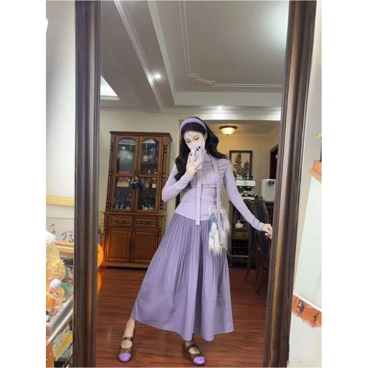 时尚套装纯色气质长袖T恤女2025秋季高腰显瘦半身长裙两件套