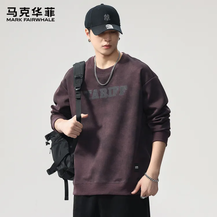 马克华菲男士卫衣秋冬款圆领长袖休闲宽松扎染潮流加绒打底上衣服
