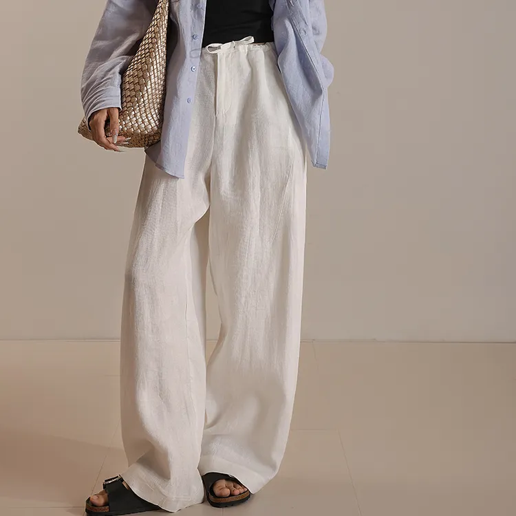 夏季女100纯亚麻分割显瘦阔腿裤长裤休闲裤高腰透气紫红白MD5179 