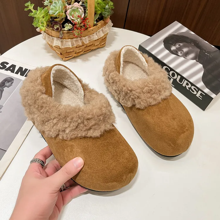 慵懒风勃肯棉鞋女外穿2025秋冬新款加绒一脚蹬毛毛两穿包头半拖鞋