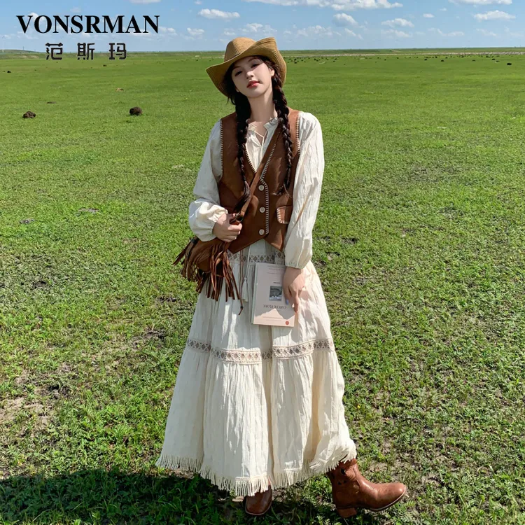 白色连衣裙套装女2025秋季新款时尚穿搭美拉德配马甲高级感长裙潮