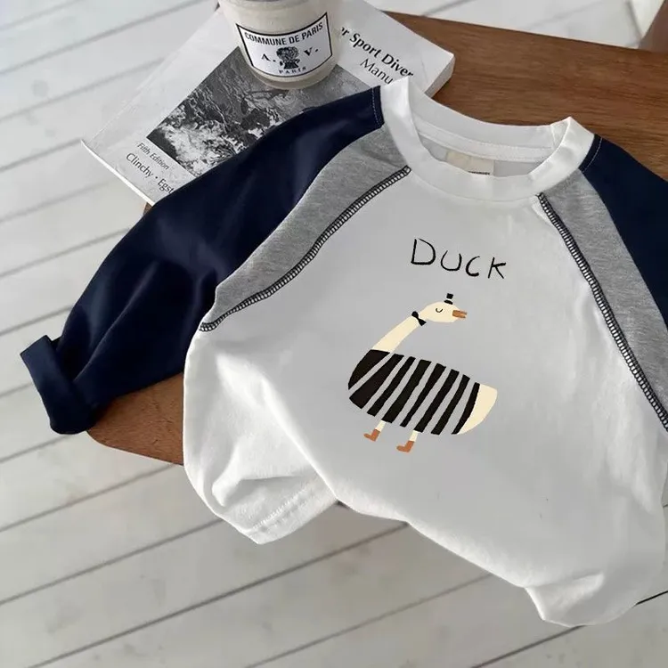 男童纯棉儿童新款长袖T恤百搭圆领女童卡通洋气拼色打底宝宝上衣T