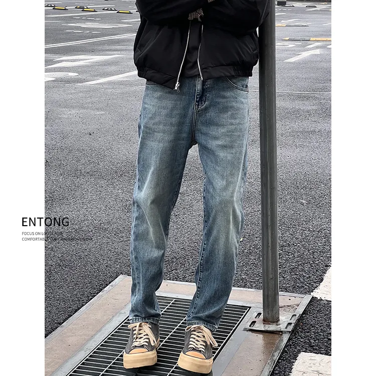 Entong美式高街cleanfit复古做旧水洗春夏季窄版直筒小脚牛仔裤男