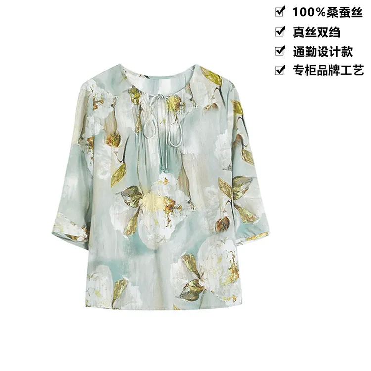 100桑蚕丝真丝双绉淡雅山茶花别致系带灯笼袖桑蚕丝女上衣DLX01