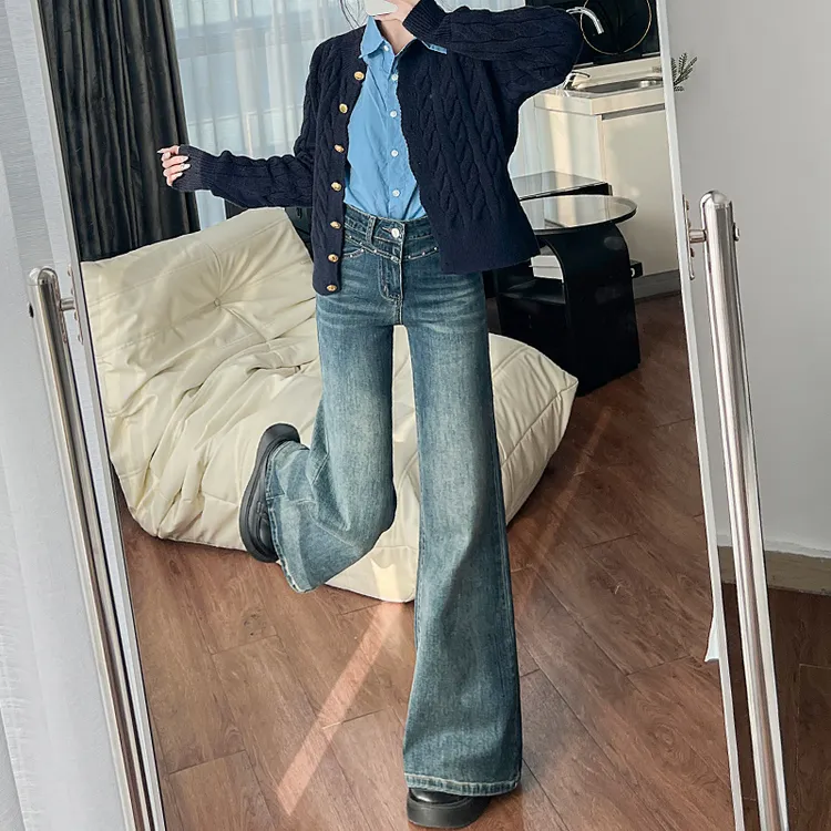 小个子重工铆钉微喇叭高腰牛仔裤女2025年秋季新款显瘦宽松设计感