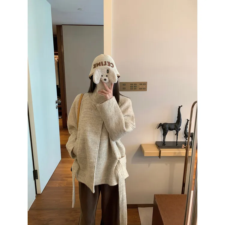 自制燕麦小湖羊皮花色圈圈毛插肩毛呢外套女大衣宽松秋冬款