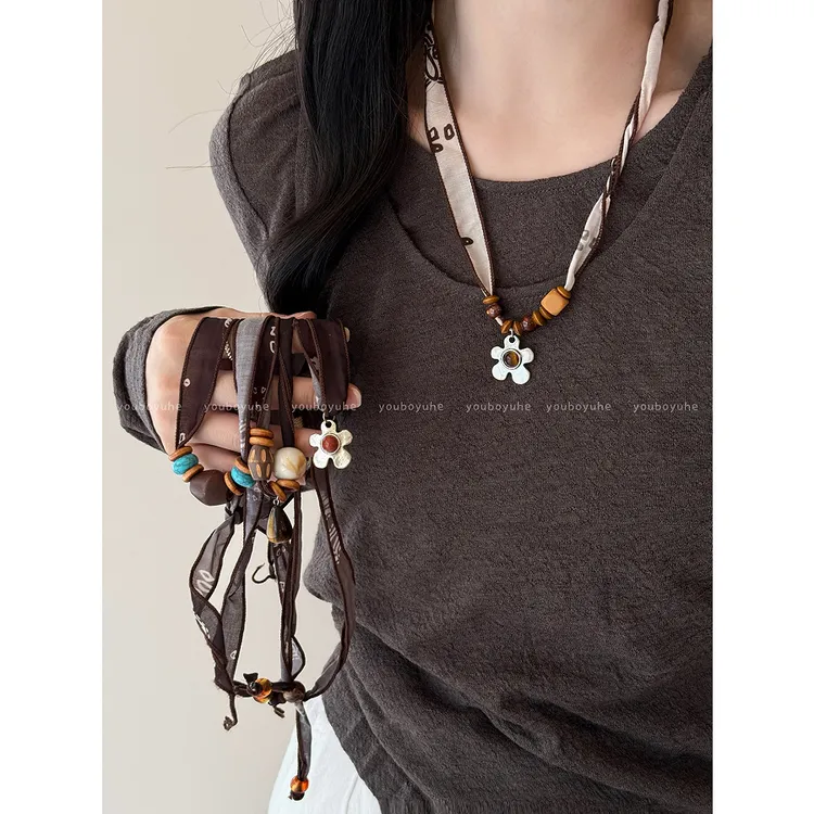 非金属布艺项链 复古美拉德虎眼石花朵串珠项链女小众毛衣链配饰